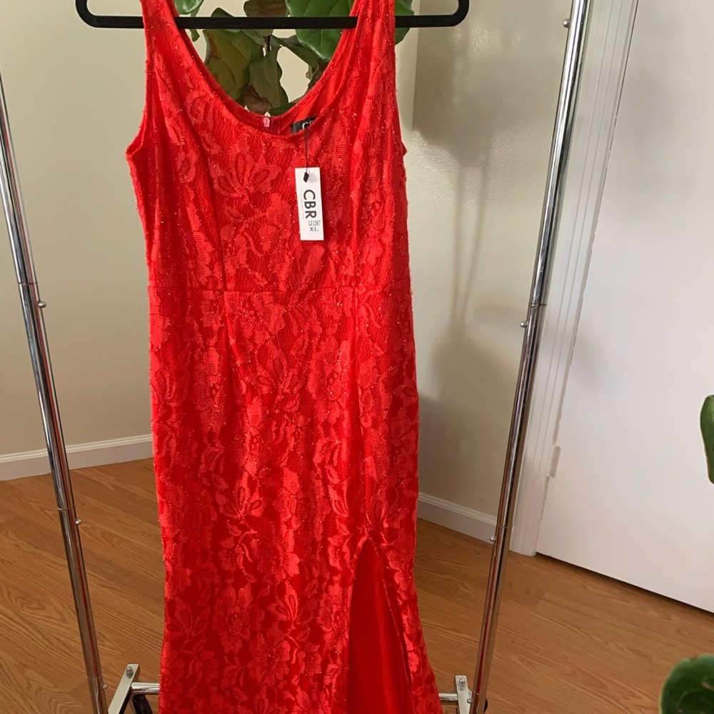 Red lace lined sparkles slit floor length maxi